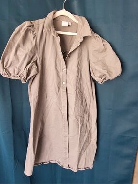 Puff-Sleeve Button-Front Blouse Dress in Taupe